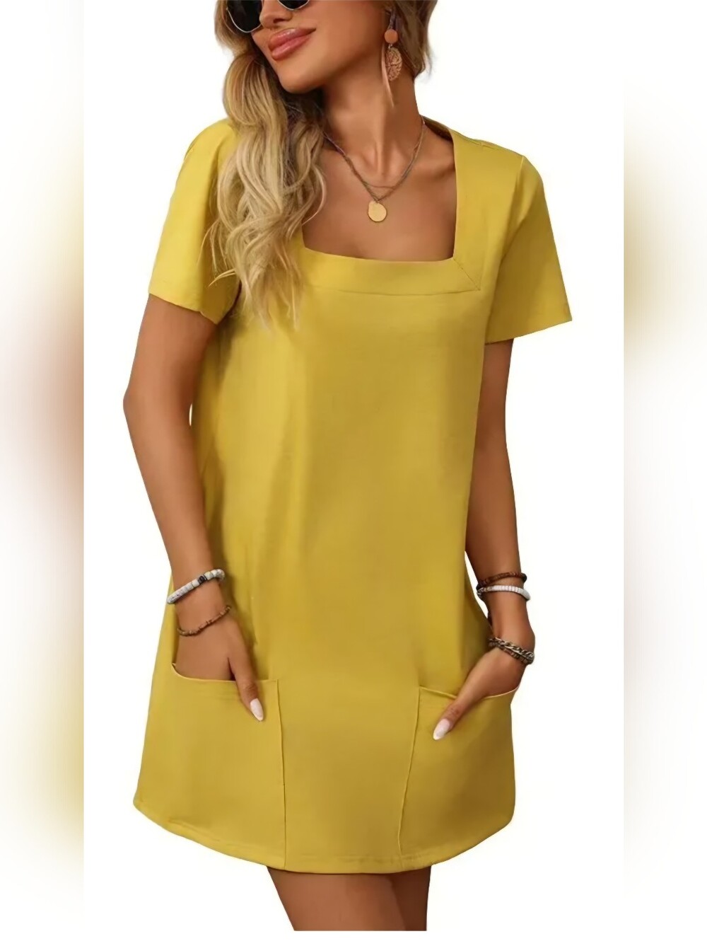 Square Neck Mini Dress With Pockets